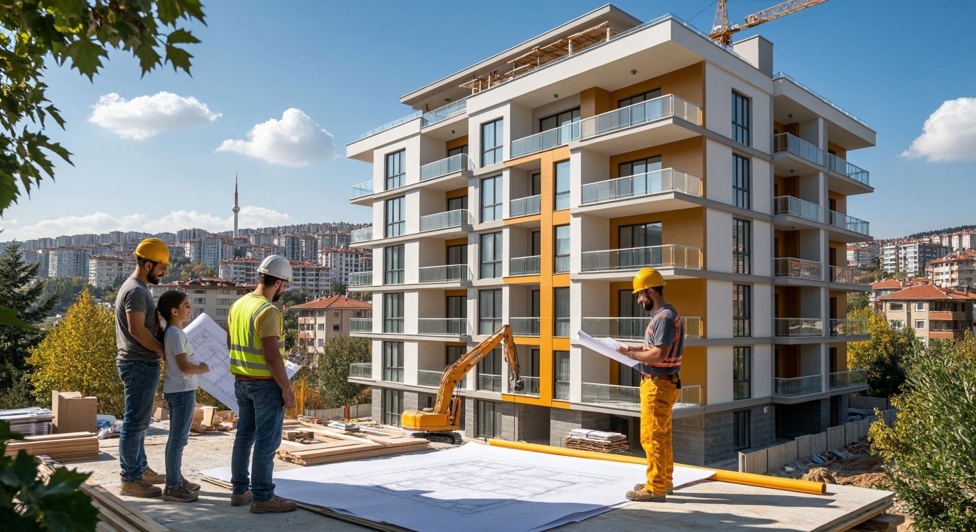 A modern Turkish apartment complex under construction, with workers inspecting quality materials while a smiling family examines blueprints nearby, set against a sunny urban skyline.