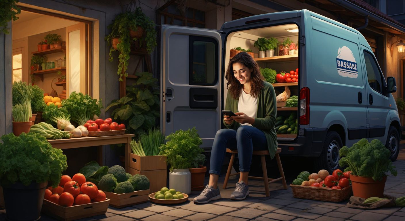 A smiling Turkish woman in a cozy home setting browses groceries on her smartphone while a Başdaş-branded refrigerated delivery van waits outside her door with fresh produce.