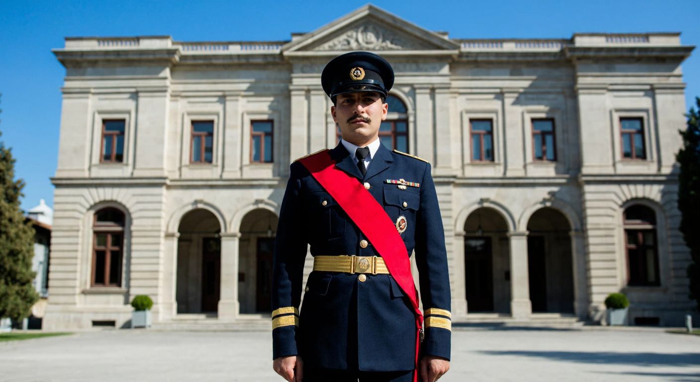 A young Mustafa Kemal Atatürk in a crisp Ottoman military cadet uniform, standing proudly in front of a grand stone building with arched windows, representing Istanbul's historic Harp Okulu, under a clear blue sky.