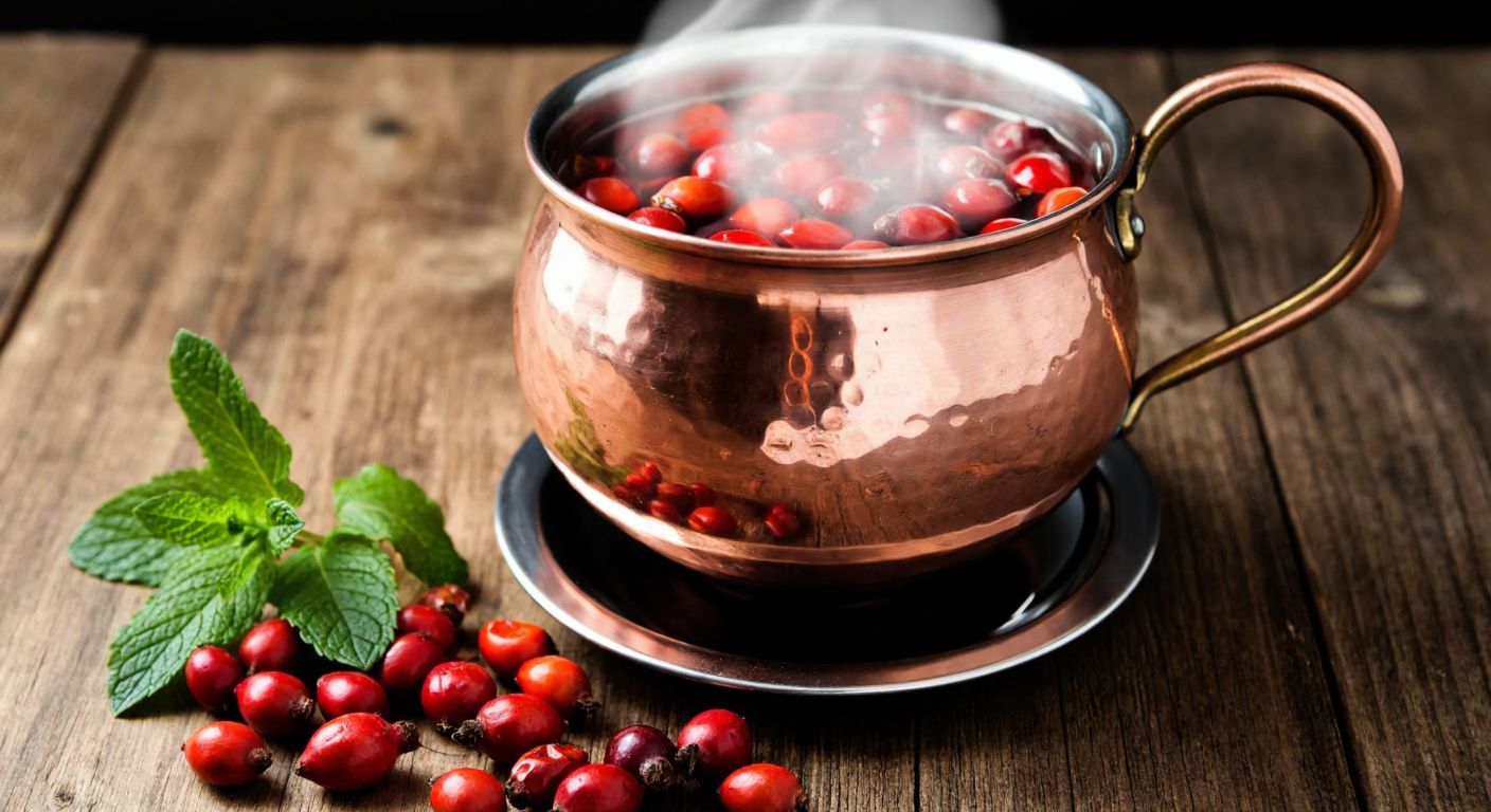 A steaming copper pot of rosehip tea simmering on a low flame, with dried rosehips and fresh mint leaves scattered on a wooden table beside it, evoking warmth and tradition.