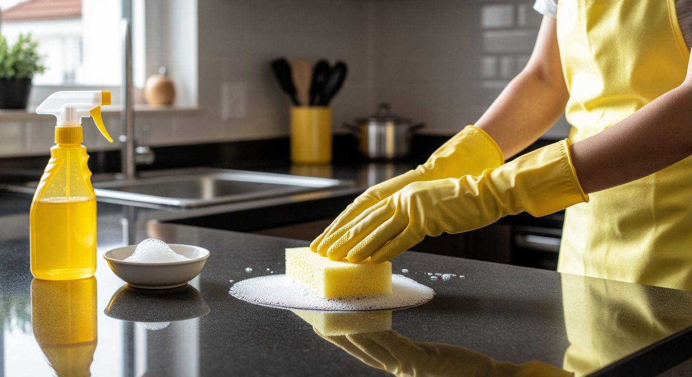 A Turkish woman wearing yellow rubber gloves carefully scrubs a shiny silicone kitchen counter with a sponge and a small bowl of vinegar-baking soda paste nearby, while a plastic scraper and spray bottle sit on the counter.