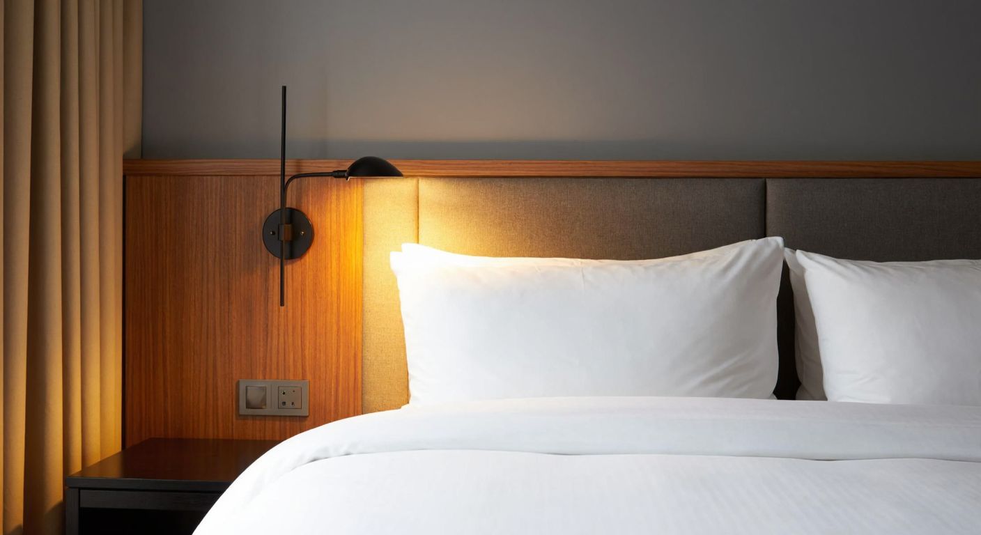 A cozy bedroom with a plush bed featuring a wooden headboard, where a sleek wall-mounted lamp is installed just above the center, casting a warm golden glow over the soft white sheets.