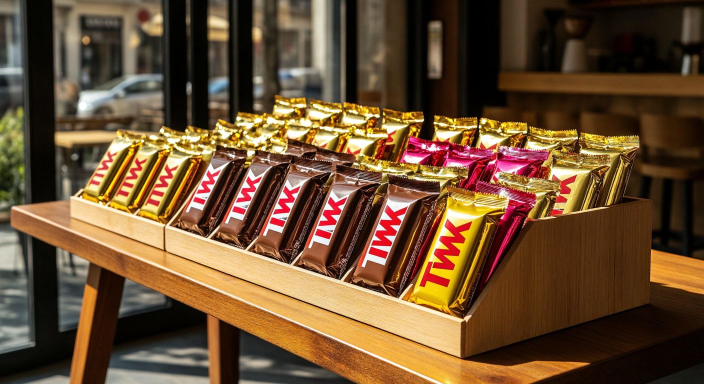 A colorful display of Twix bars in various sizes—single, double, and quadruple—arranged neatly on a wooden table in a Turkish café, with golden wrappers glinting under warm sunlight.