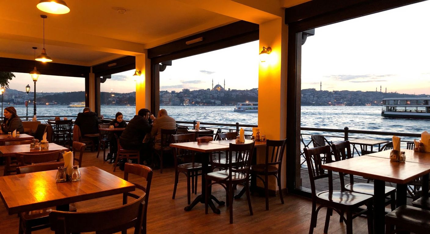 A cozy waterfront café in Üsküdar with warm lighting, wooden tables, and a view of the Bosphorus, where people enjoy traditional Turkish tea and meze.