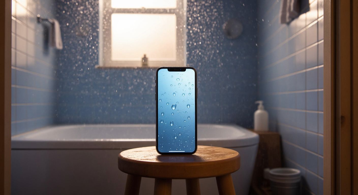 A modern smartphone placed on a wooden stool outside a steamy, tiled bathroom, with warm water droplets fogging up a mirror inside.