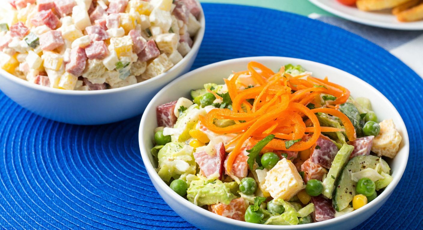 A vibrant table setting in Turkey with two bowls: one filled with colorful Russian salad topped with diced ham, and the other with fresh American salad featuring crisp vegetables like carrots and peas.