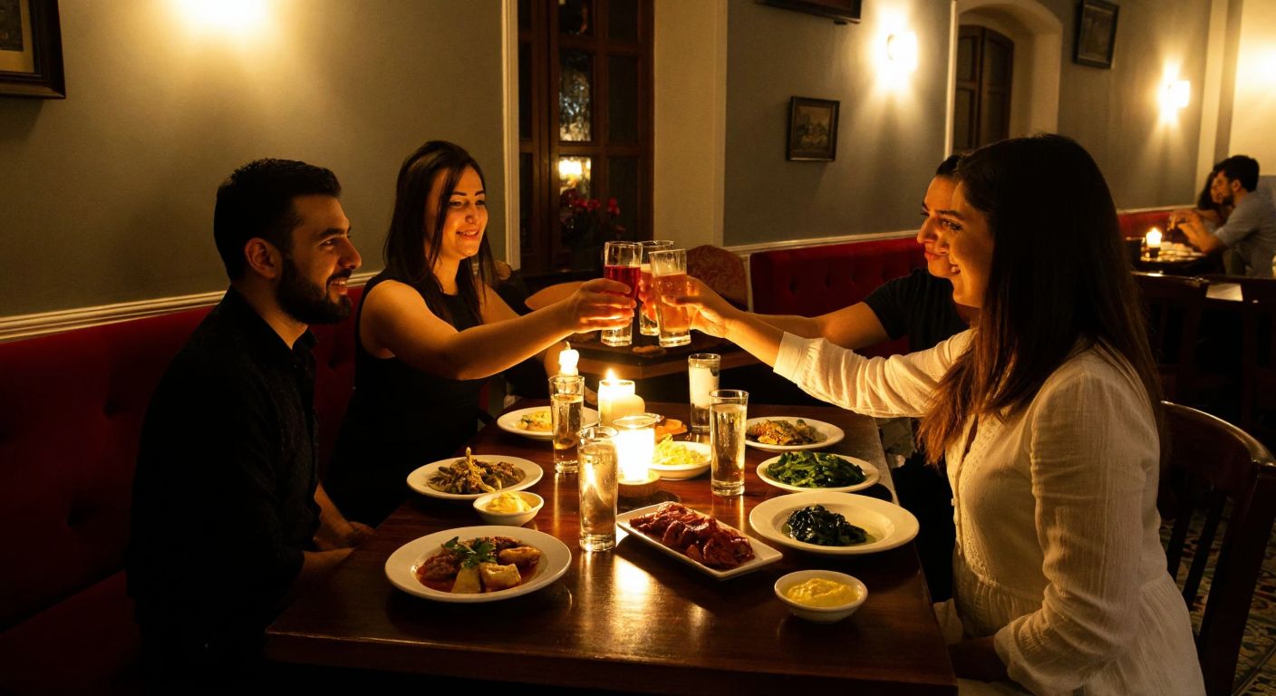 A cozy, dimly lit traditional Turkish meyhane with wooden tables, flickering candlelight, and patrons clinking glasses of rakı alongside plates of meze.