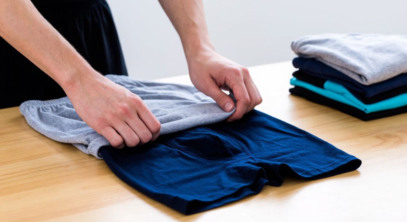 A pair of hands neatly folding a pair of men’s boxer briefs on a wooden table, with a neatly stacked pile of folded underwear beside them.