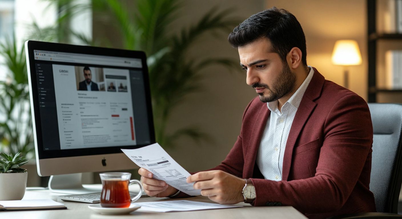 A Turkish citizen in a modern office setting, wearing business casual attire, intently browsing a government website on a computer screen while holding a printed tax receipt, with a warm cup of çay on the desk.