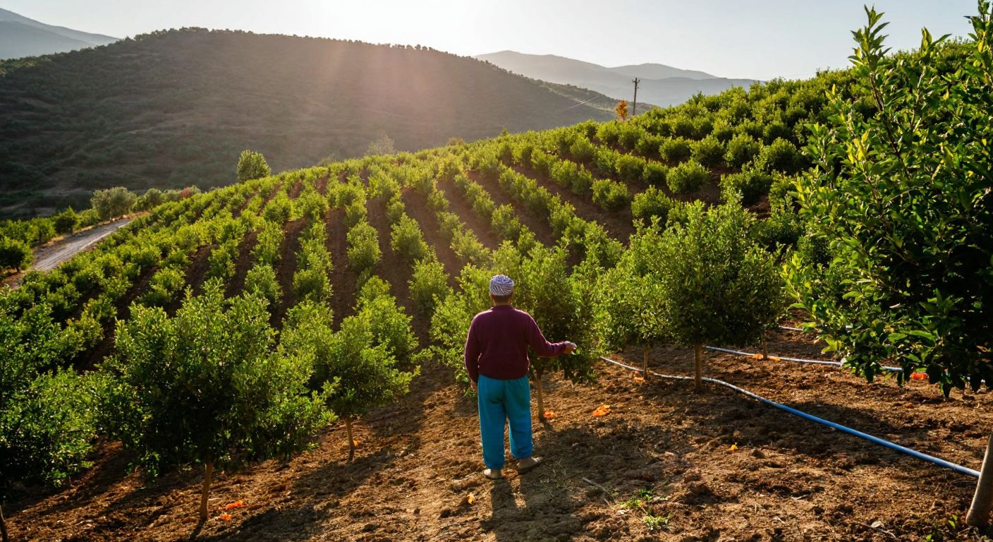 A sunlit Turkish hillside with neatly planted rows of young fruit trees, a farmer in traditional attire inspecting the soil, and a drip irrigation system weaving between the saplings.