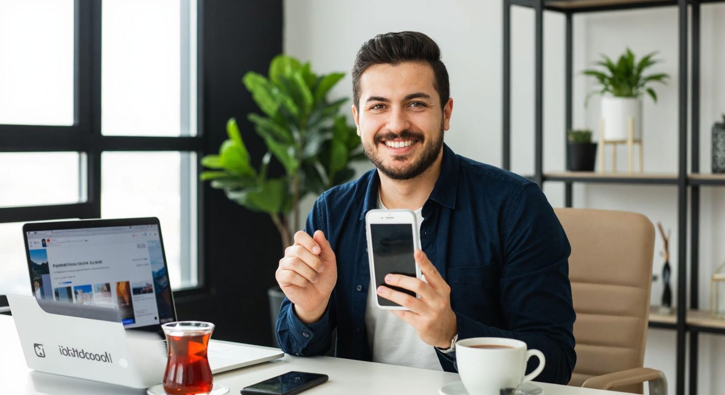 A confident Turkish entrepreneur in a casual home office setting, smiling while holding a smartphone displaying a product, with a laptop open to a social media page and a steaming cup of Turkish tea nearby.