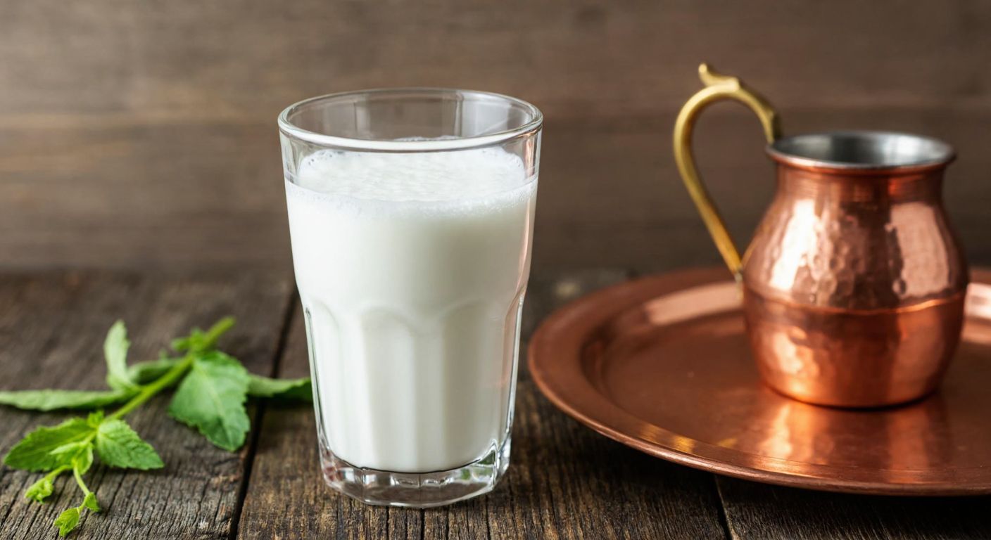 A frothy glass of ayran in a wide-mouthed, transparent cup, resting on a rustic wooden table with a copper pitcher nearby, evoking a traditional Turkish setting.