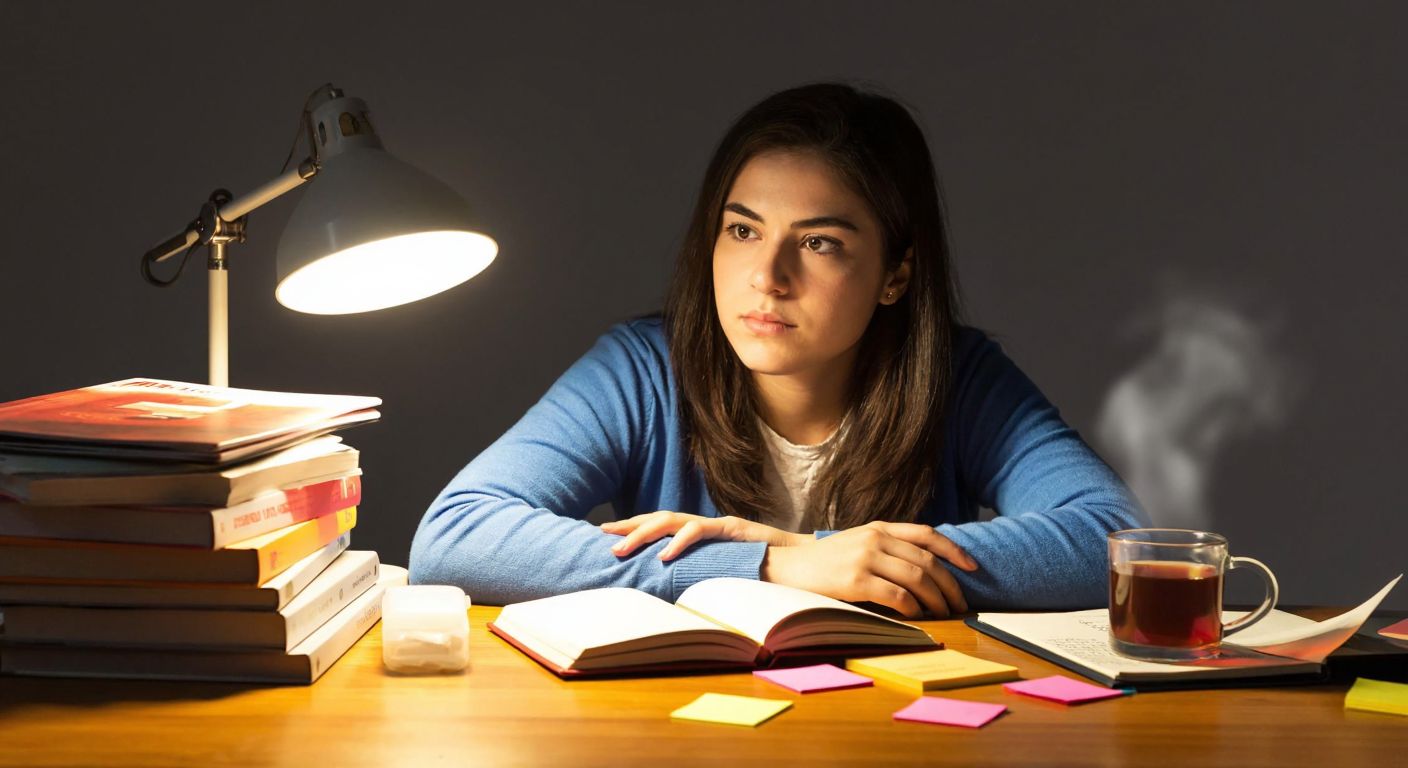 A focused Turkish student with a stack of science textbooks and a notebook, sitting at a wooden desk under warm lamplight, surrounded by colorful sticky notes and a steaming cup of çay, looking determined while studying.
