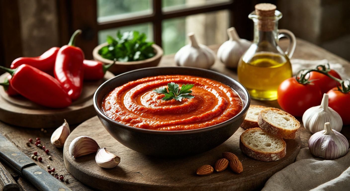 A rustic wooden table in a sunlit Spanish kitchen holds a bowl of vibrant red Romesco sauce surrounded by its fresh ingredients: roasted red peppers, toasted almonds, garlic cloves, crusty bread crumbs, ripe tomatoes, olive oil, and vinegar.
