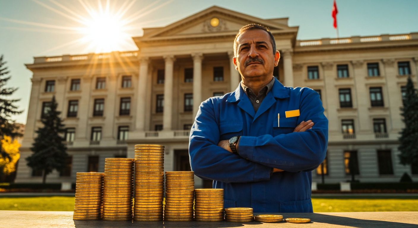 A middle-aged Turkish worker in a blue-collar uniform stands confidently beside a stack of gold coins, symbolizing a high retirement pension, with a government building in the background under a bright sun.
