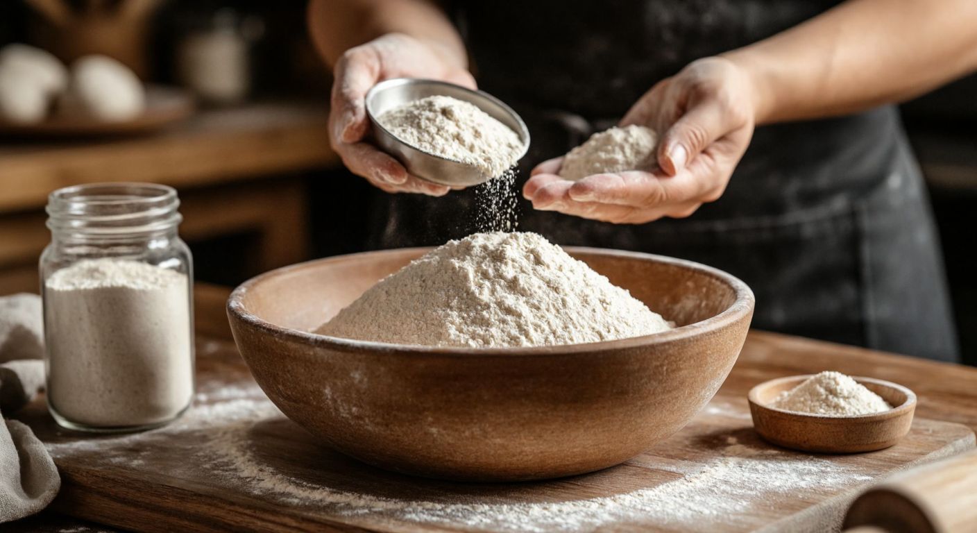 A warm Turkish kitchen with a wooden table displaying a large bowl of flour, a small jar of dry yeast beside it, and a measuring spoon holding a precise amount of yeast, while hands knead dough in the background.