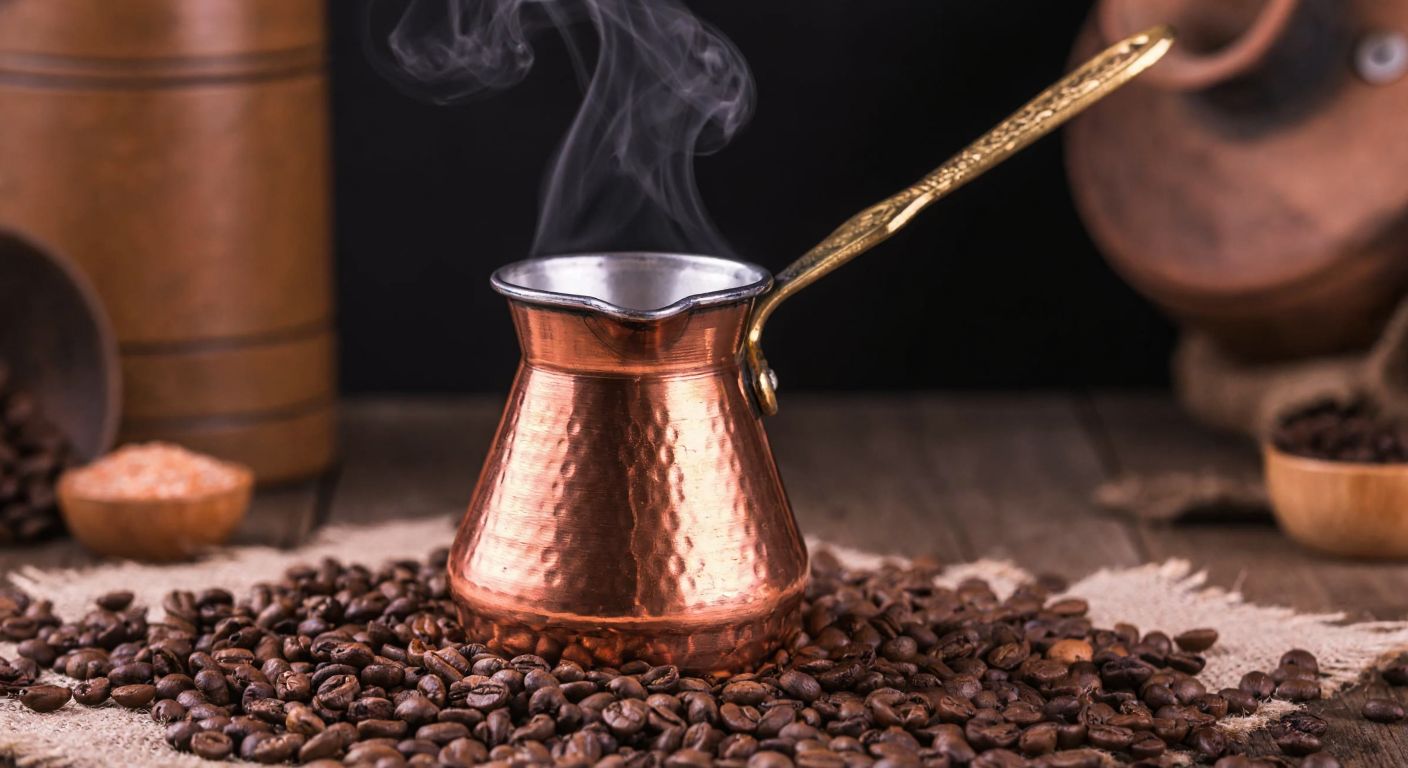 A traditional Turkish copper cezve sits atop glowing embers, with steam rising from its spout, surrounded by aromatic coffee beans and a warm, rustic setting.