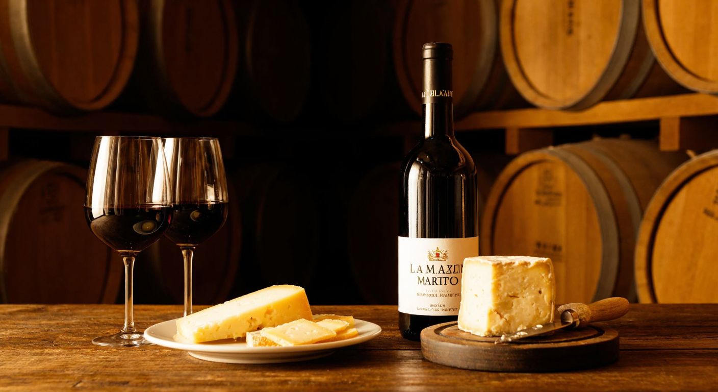 A rustic wooden table in a cozy Turkish wine cellar, set with a bottle of La Mahzen wine and a plate of aged cheese, bathed in warm golden light.