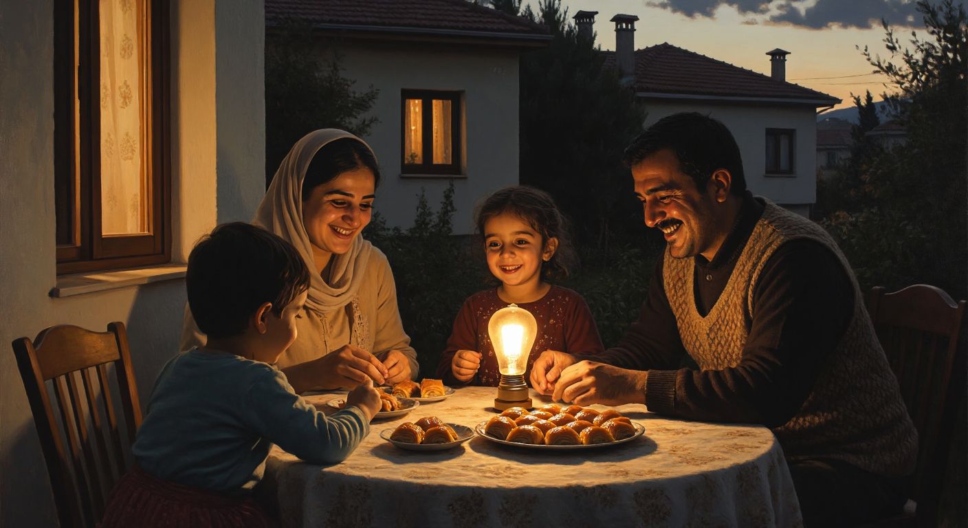 A warm Turkish household at dusk, where a smiling family gathers around a dimly lit table with a single energy-efficient bulb, enjoying homemade baklava while a child reaches up to turn off an unnecessary light.