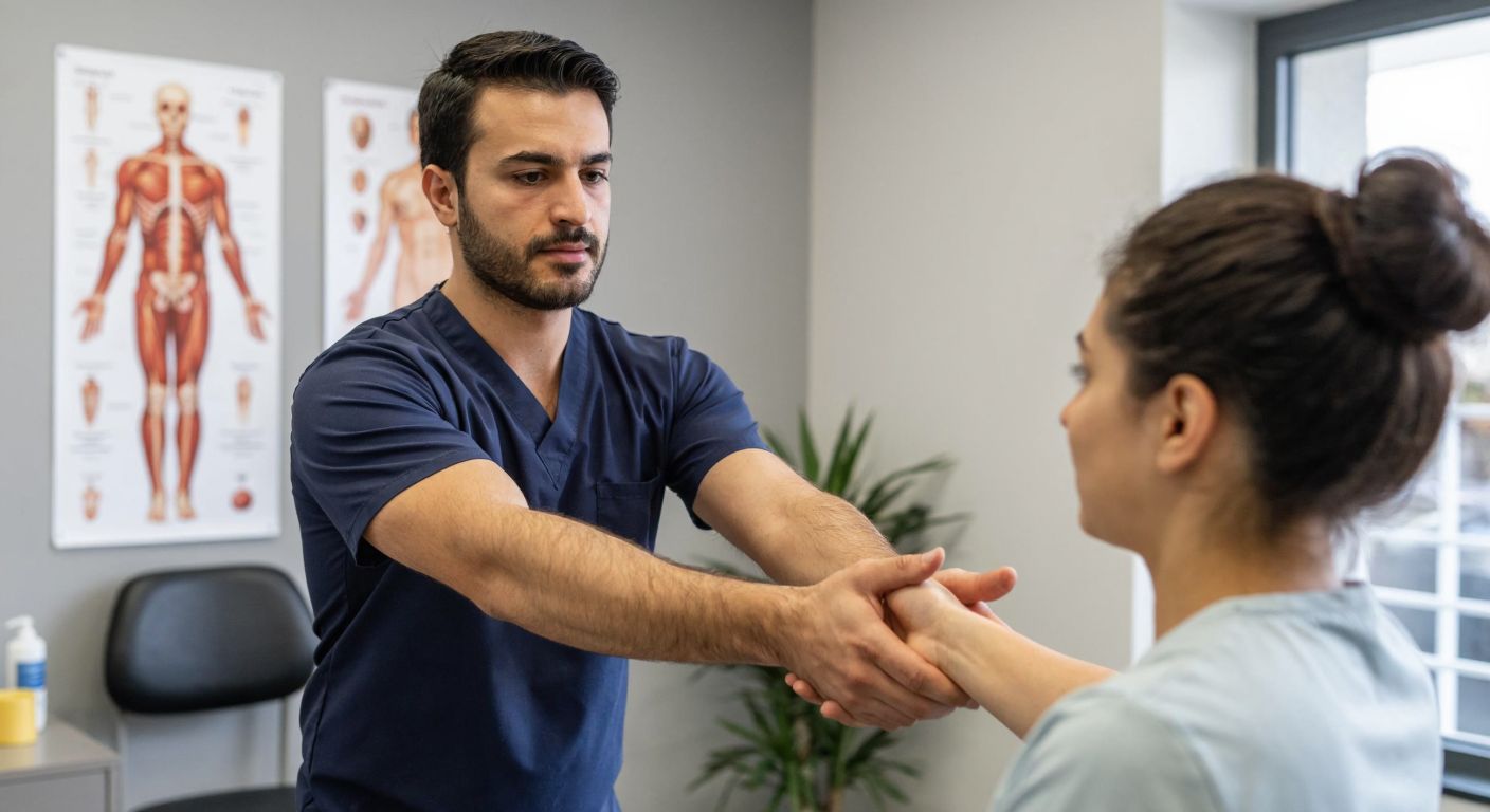 A focused Turkish physiotherapist in a clinic demonstrates adduction by gently moving a patient's arm toward their torso, with anatomical posters subtly visible in the background.