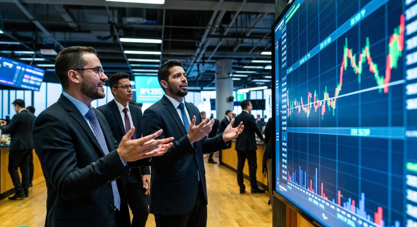 A vibrant Colombian stock exchange floor with traders in suits gesturing animatedly, juxtaposed with a digital screen displaying abstract cryptocurrency graphs in cool blue hues.