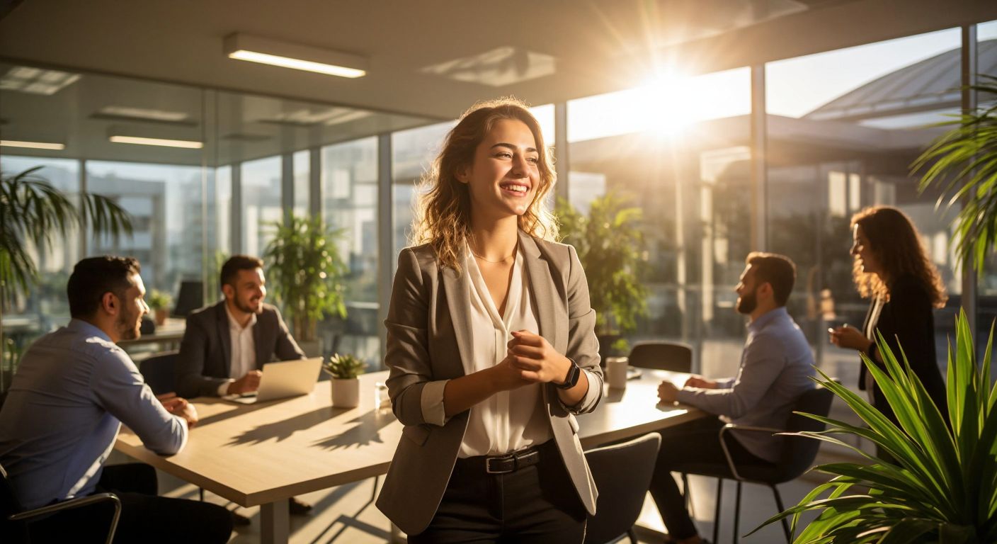 A cheerful Avon employee in a modern Turkish office, checking her watch with a relaxed smile while colleagues chat nearby, sunlight streaming through the windows.