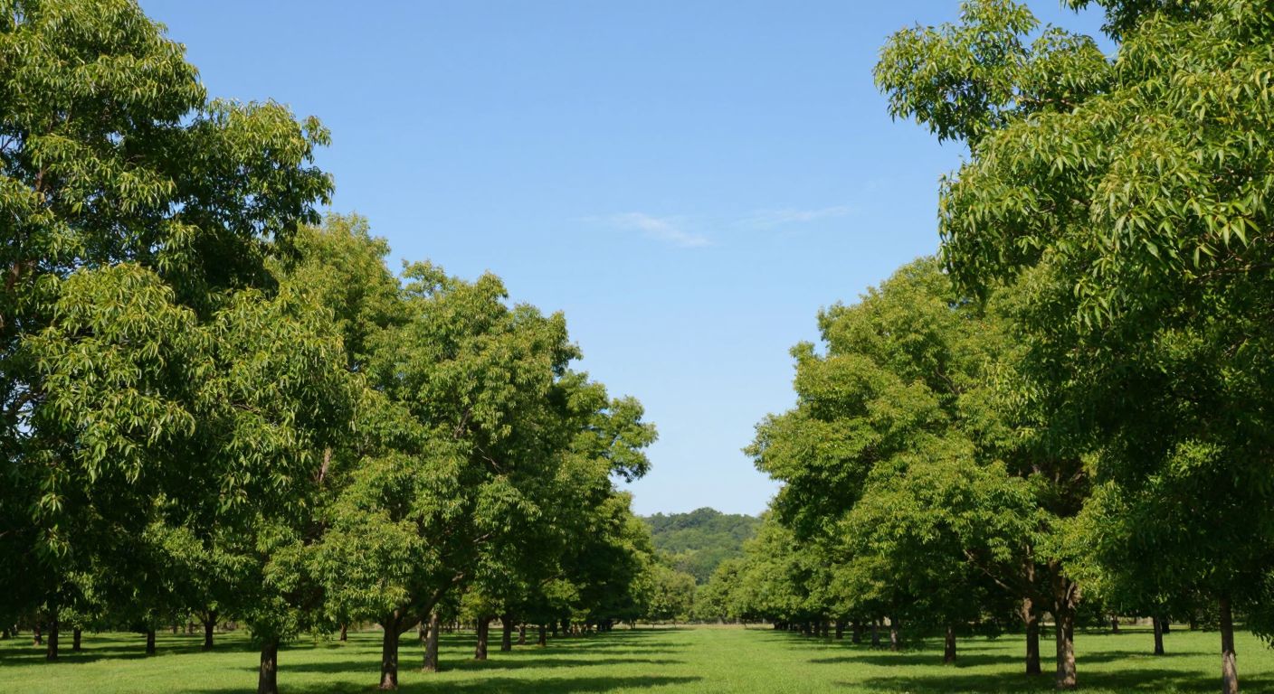 A lush green landscape in North America with tall pecan trees bearing ripe nuts, their leaves rustling in the breeze under a clear blue sky.