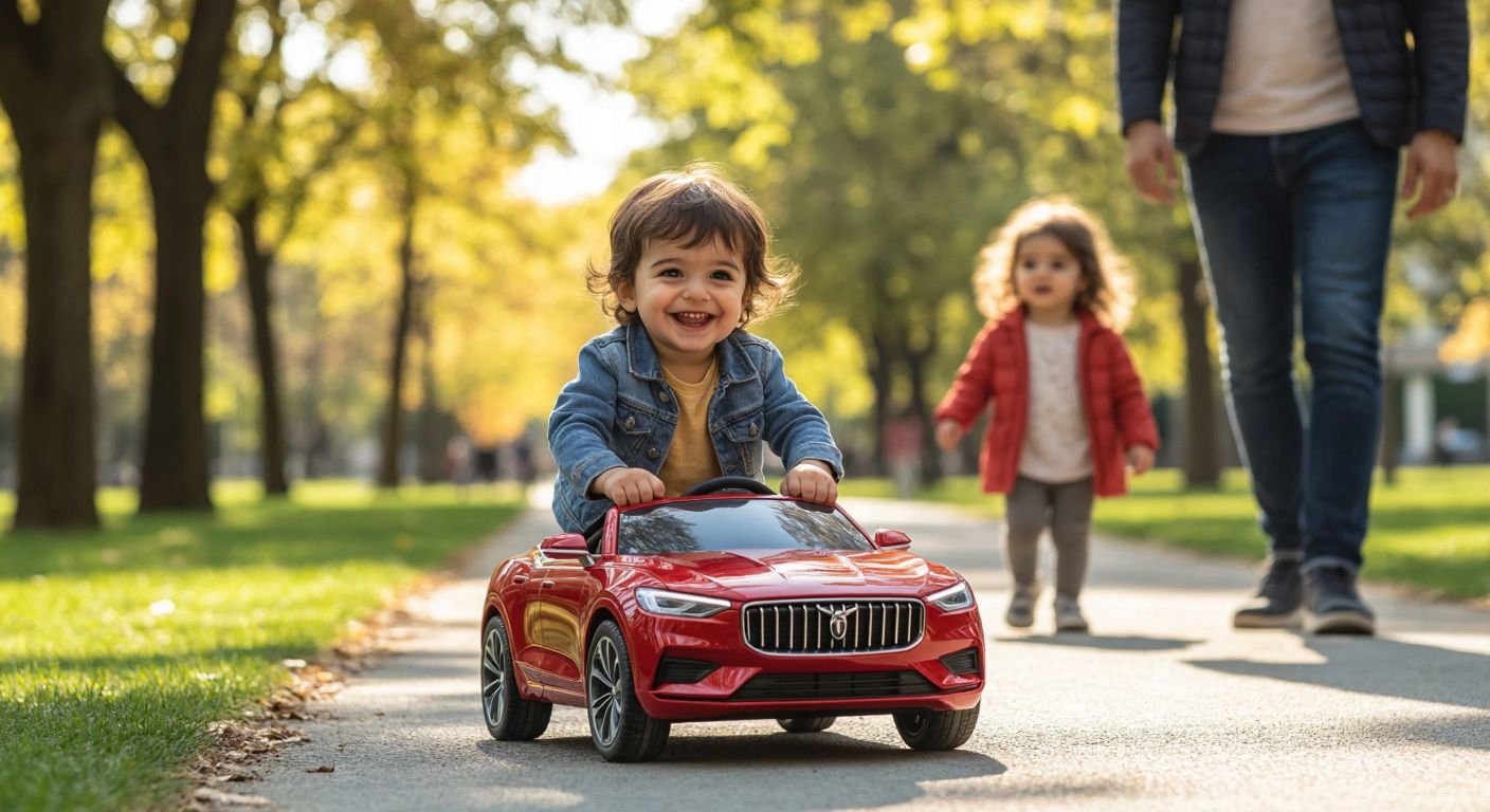 A smiling Turkish toddler, around 3 years old, plays with a sleek red Togg toy car on a sunny park pathway while a watchful parent stands nearby.