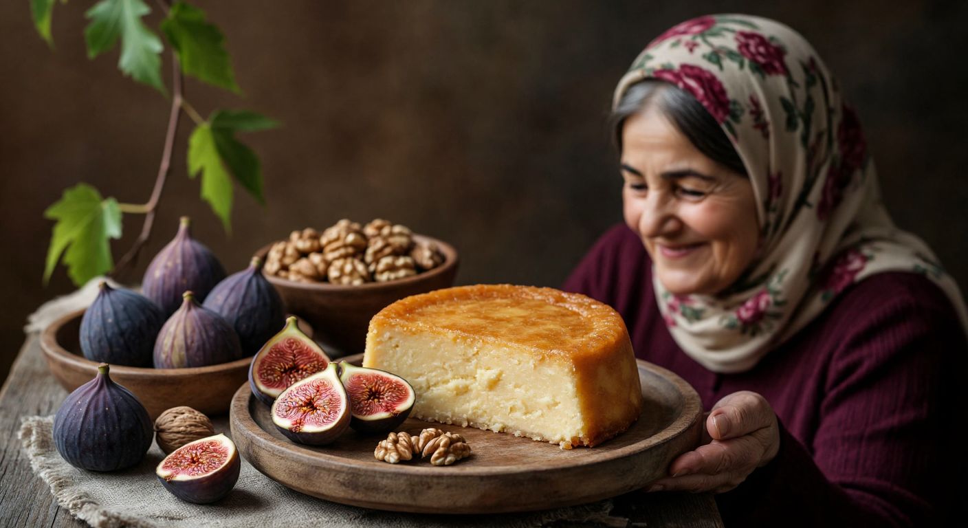 A golden-brown slice of peynir helva sits on a rustic wooden plate, surrounded by fresh figs and walnuts, with a smiling elderly Turkish woman in a floral headscarf offering a piece to a rosy-cheeked child.