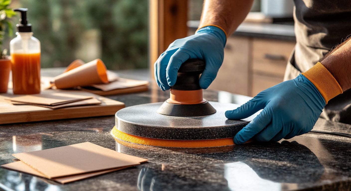 A close-up of a gloved hand polishing a smooth, dark granite countertop with a circular polishing machine, surrounded by scattered sandpaper sheets and a bottle of protective sealant on a wooden table in a sunlit Turkish kitchen.