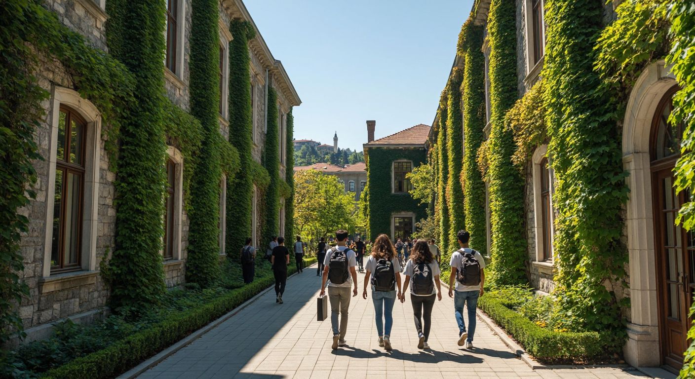 A sunlit view of Boğaziçi University’s historic campus in Istanbul, with students carrying books and lab equipment, walking past faculty buildings with ivy-covered walls, under a clear blue sky.