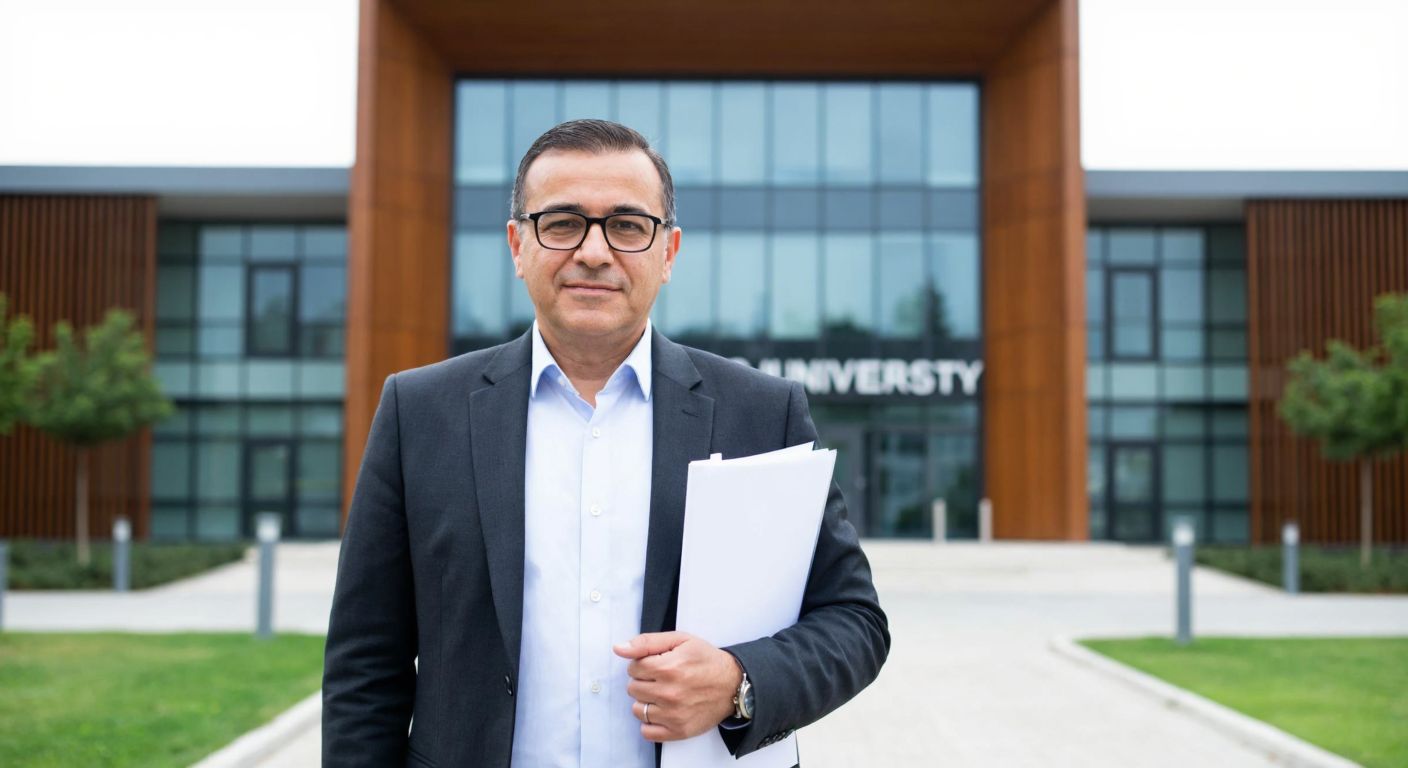 A middle-aged Turkish man with glasses, wearing a formal suit, stands confidently in front of Yalova University’s modern campus building, holding a stack of academic papers.