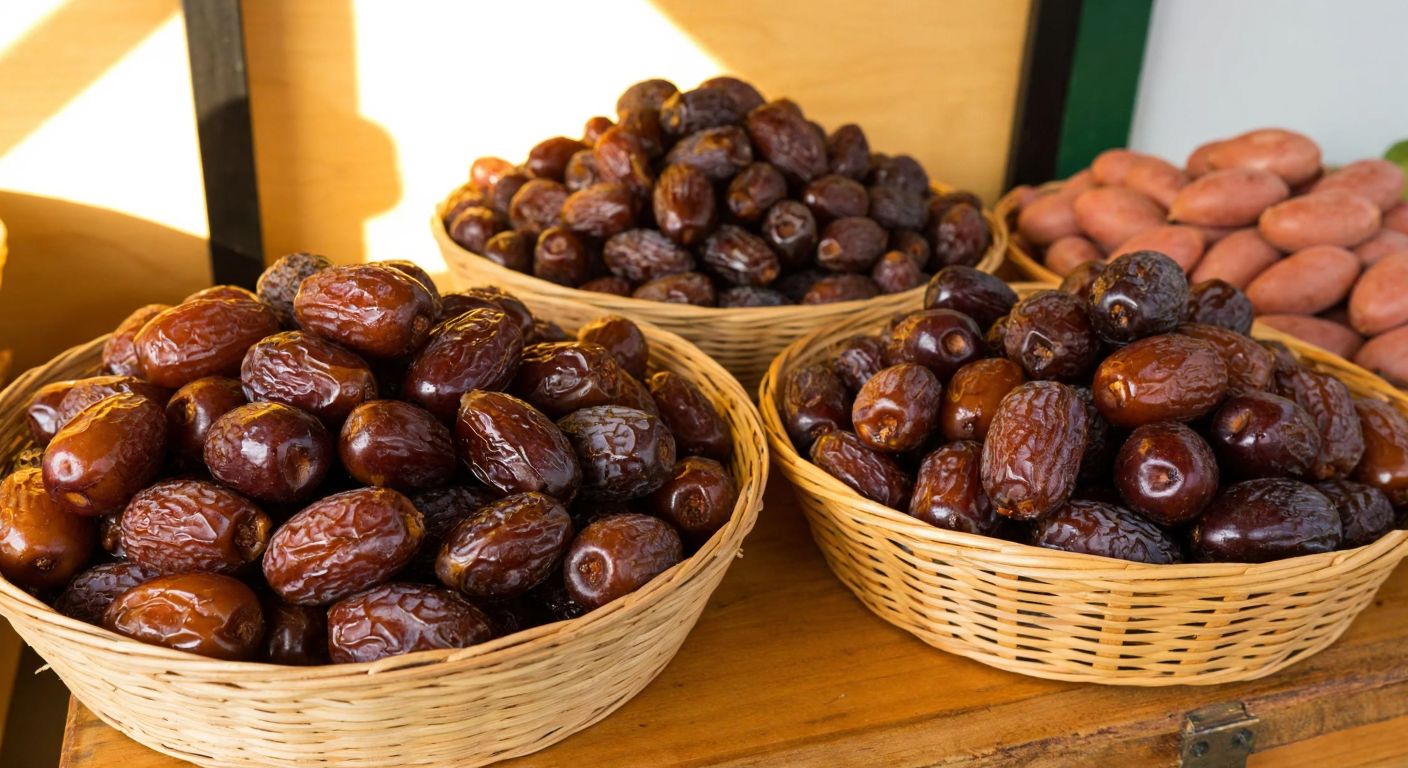 A wooden table in a Turkish market displays two woven baskets—one filled with plump Medjool dates and the other with smaller Ajwa dates, their rich brown hues contrasting against the warm golden light filtering through a nearby window.