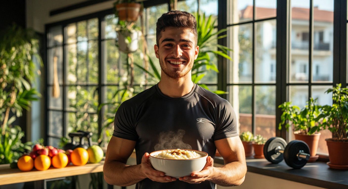 A smiling Turkish athlete in a gym holds a bowl of creamy rice pudding, surrounded by fresh fruits and a dumbbell, with sunlight streaming through a window.