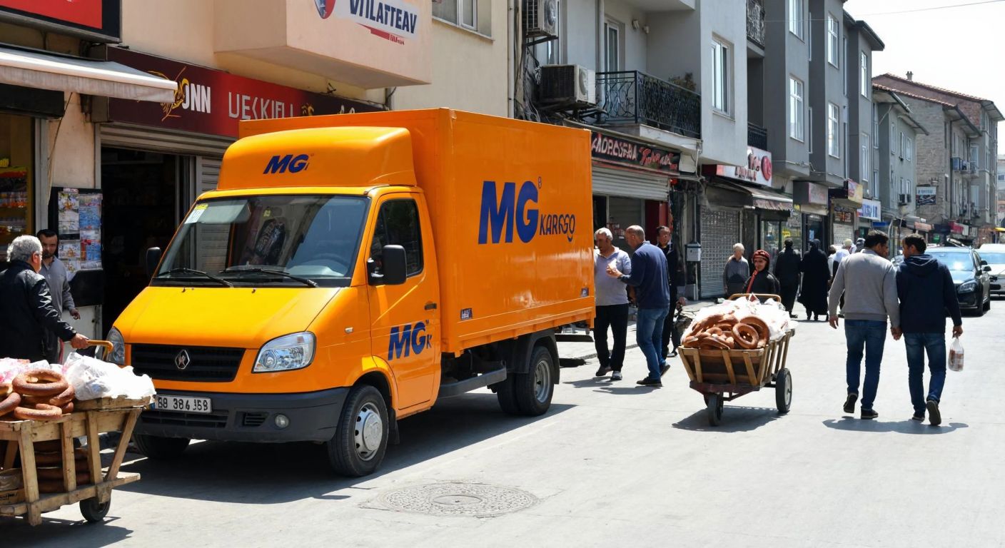 A bustling street in Bayrampaşa, Istanbul, with a bright yellow MNG Kargo truck parked outside a small shop, surrounded by people carrying packages and vendors selling simit from carts.