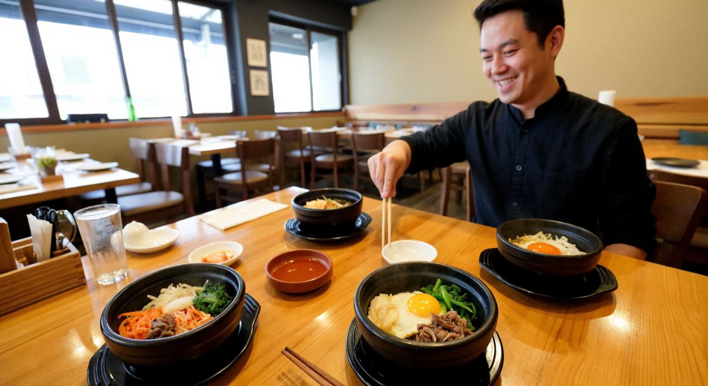A cozy Korean restaurant in Ankara with wooden tables, steaming bowls of bibimbap, and a smiling waiter politely shaking their head to indicate no alcohol is served.