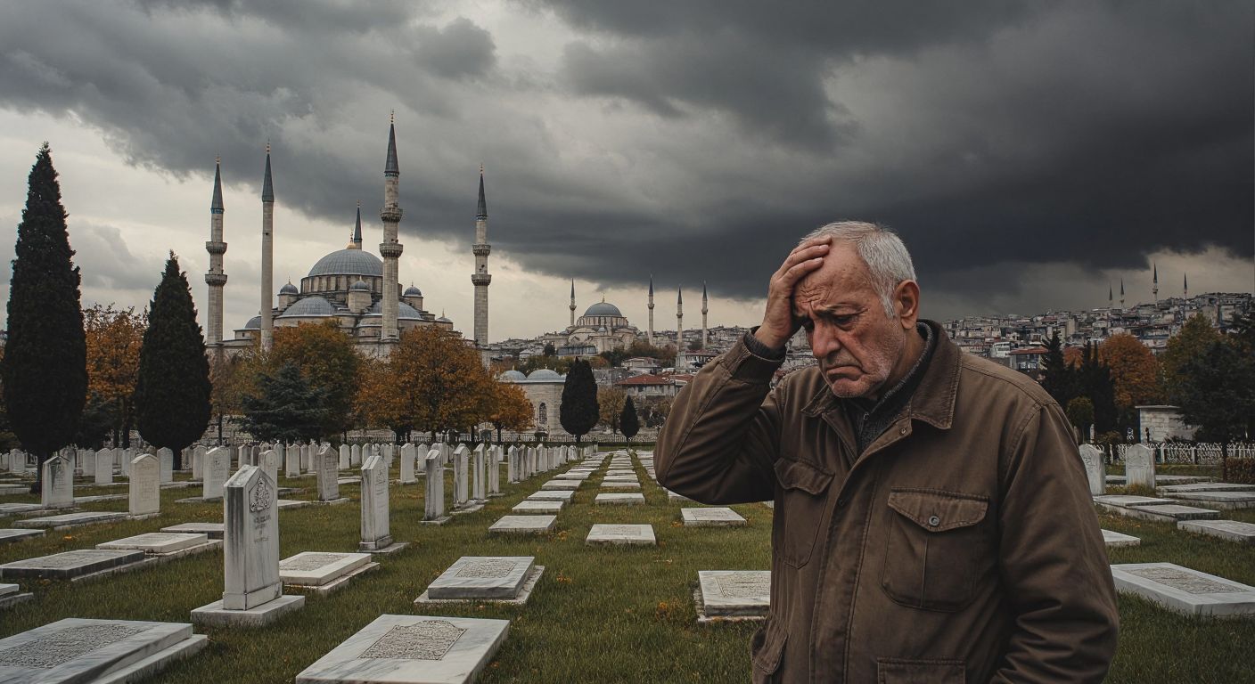A puzzled elderly man in Istanbul scratches his head while standing between a modern cemetery, a military base, and an Ottoman-era historical monument under a cloudy sky.