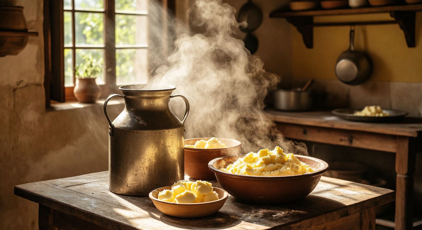 A rustic wooden table in a sunlit Turkish kitchen holds a traditional yayık machine churning fresh cream, with golden clumps of butter forming amid splashes of buttermilk, while a bowl of freshly made butter sits nearby, glistening under the warm light.