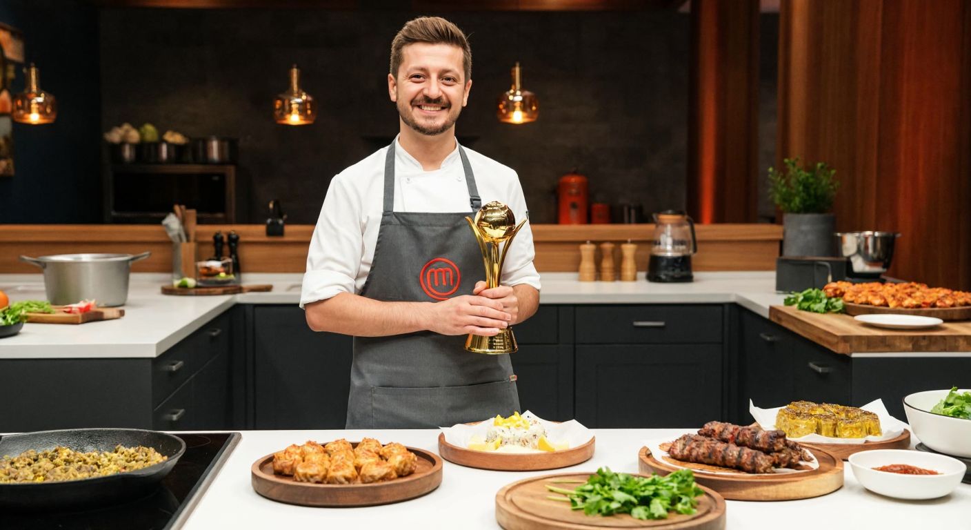 A smiling Tahsin Küçük stands proudly in a MasterChef kitchen, wearing a chef’s apron and holding a golden trophy, surrounded by colorful Turkish dishes like kebabs and baklava.