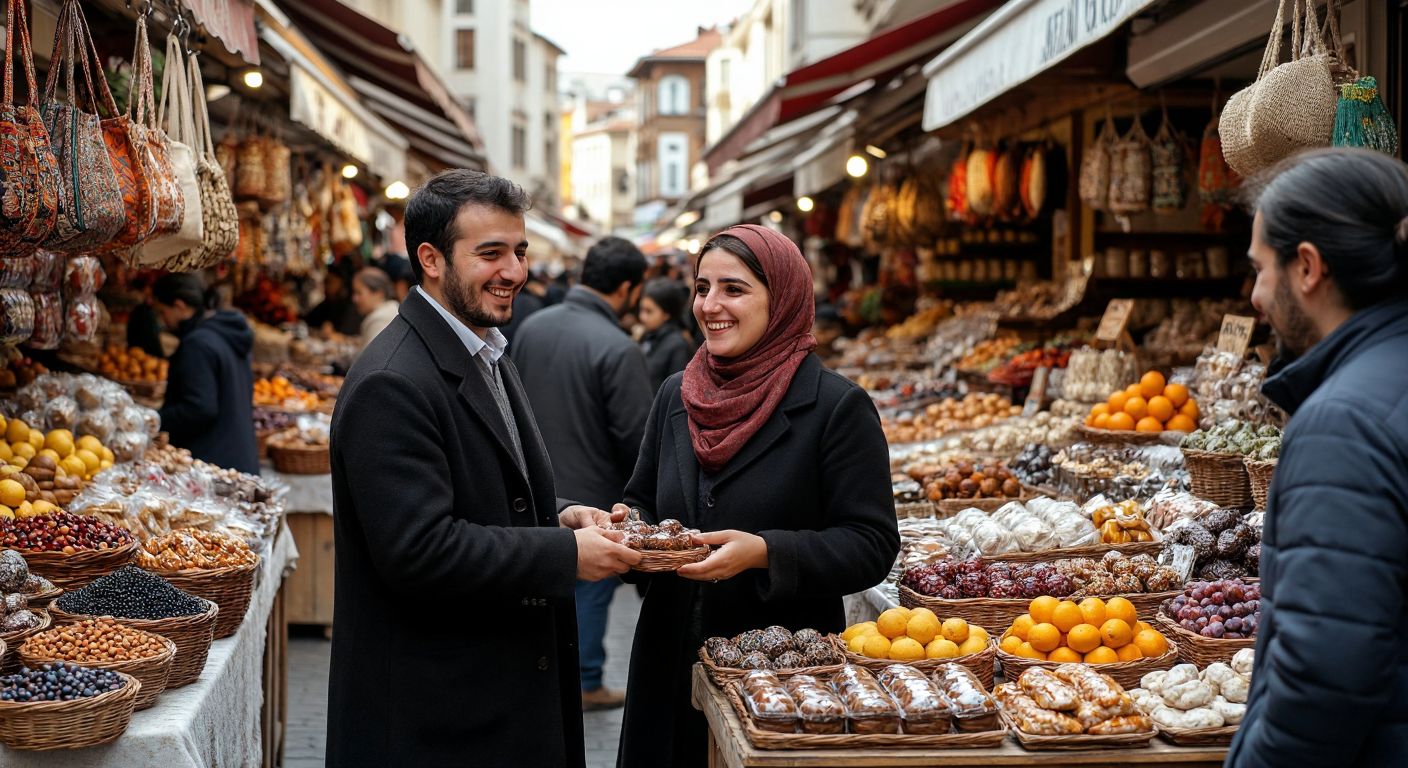 A bustling Turkish bazaar with vendors enthusiastically offering locally crafted goods to eager customers, their faces lit with satisfaction as they exchange products and smiles.
