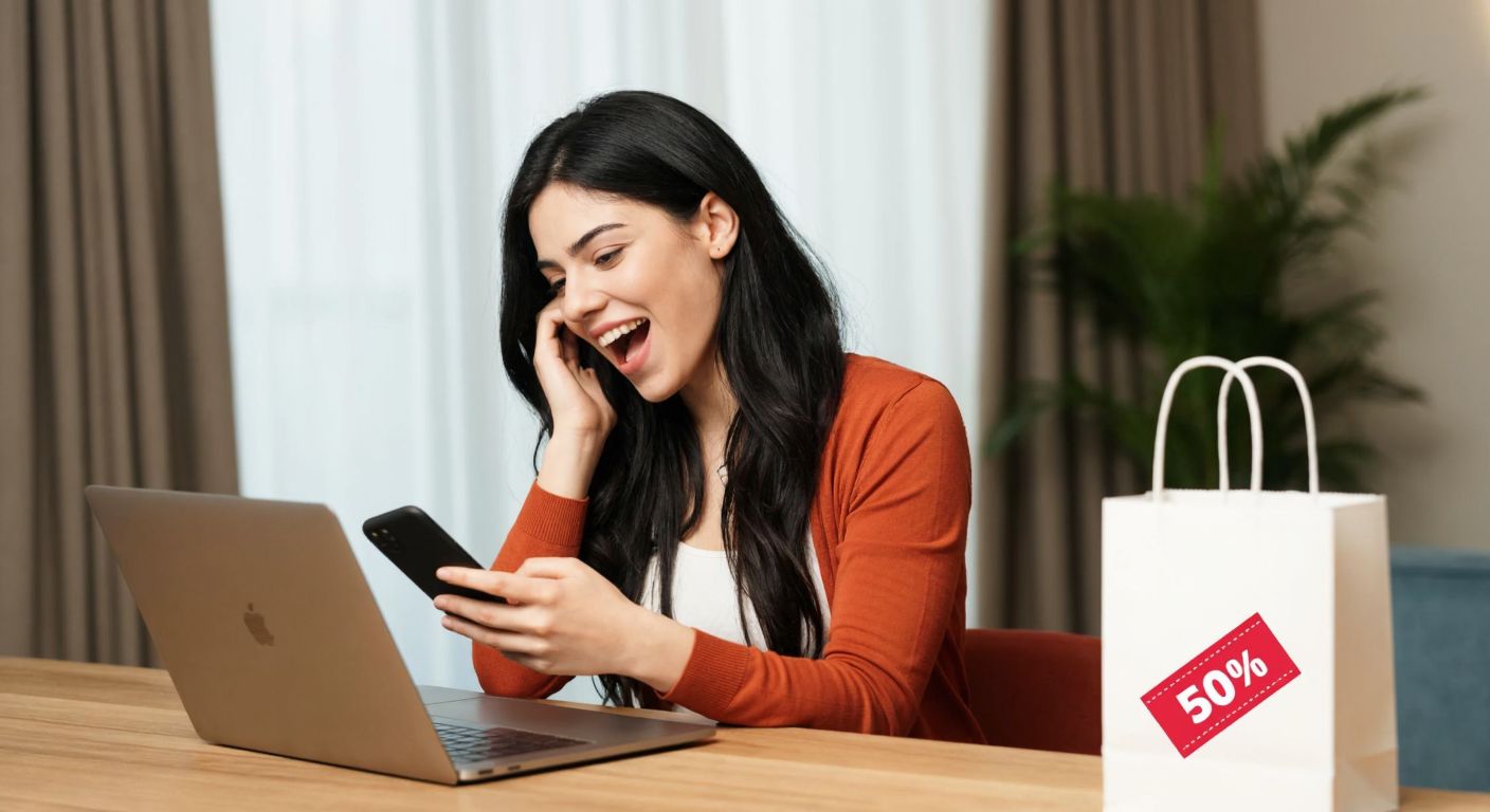 A young Turkish woman in a modern home excitedly holds a smartphone while browsing an online shopping app on her laptop, with a shopping bag and discount coupon visibly placed on the table beside her.