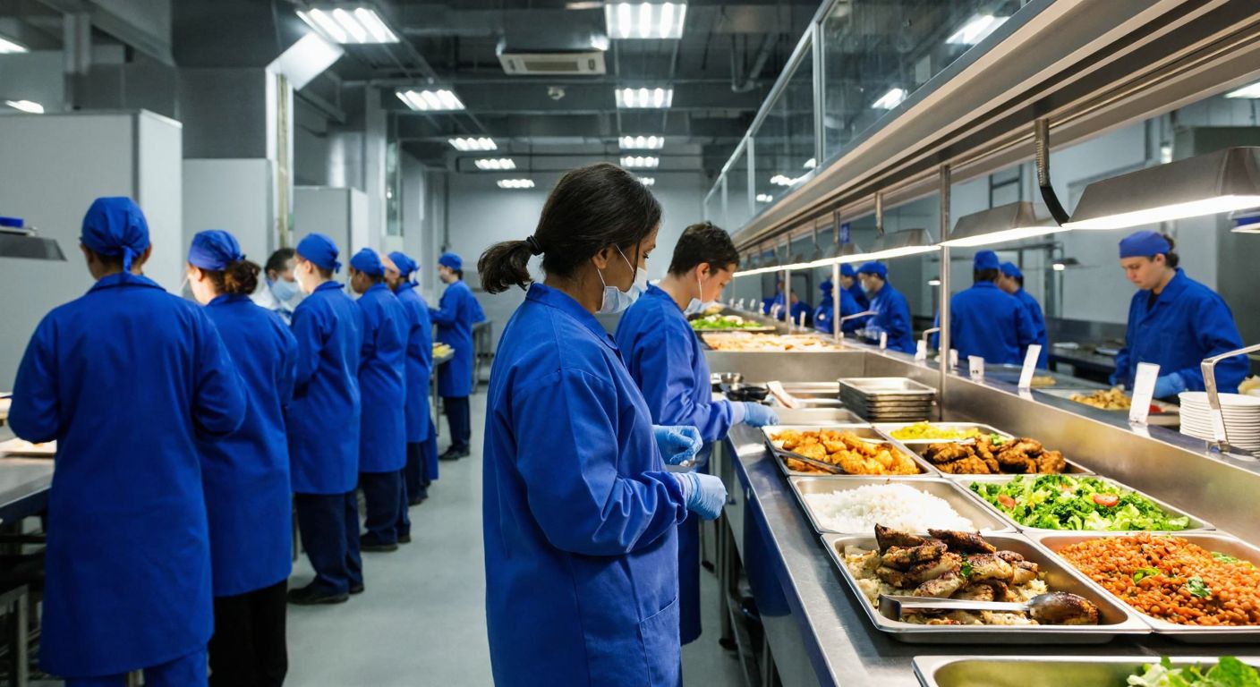 A bustling factory cafeteria with workers in blue uniforms lining up for a balanced meal of lentil soup, grilled chicken with rice, and fresh salad, while a nutritionist in a white coat observes the food trays.