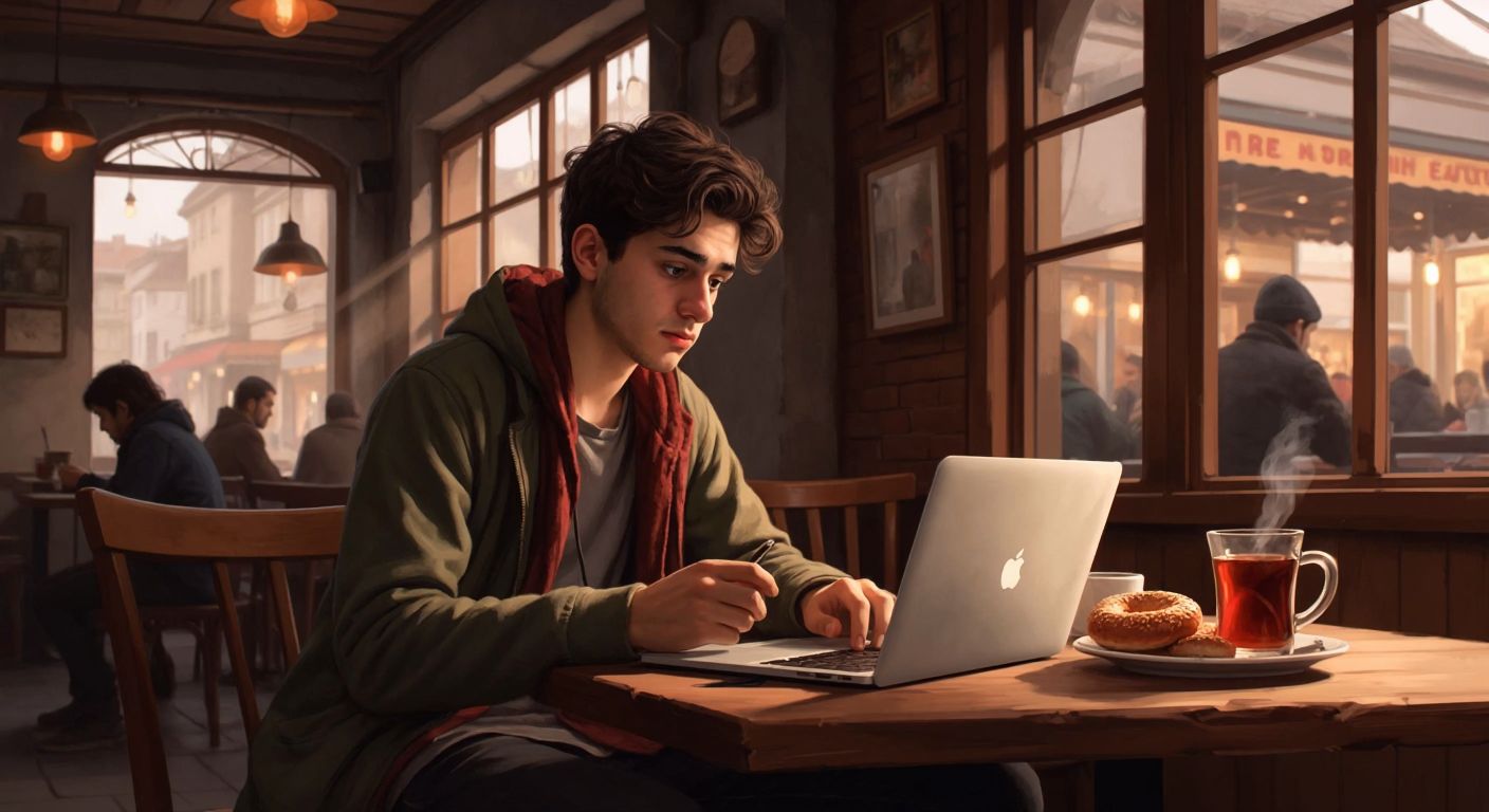 A young Turkish person sitting in a cozy café with a laptop, looking curious and slightly confused while scrolling through Twitter, surrounded by a cup of Turkish tea and a plate of simit.