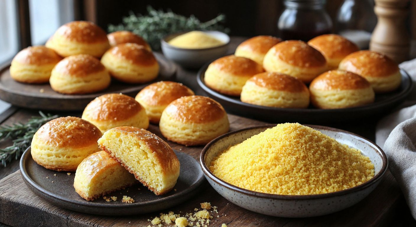 A rustic Turkish kitchen table is laden with golden-brown cornmeal pastries—fluffy poğaça, crumbly kurabiye, and a slice of moist kek—next to a bowl of fine yellow corn flour, evoking warmth and homemade comfort.