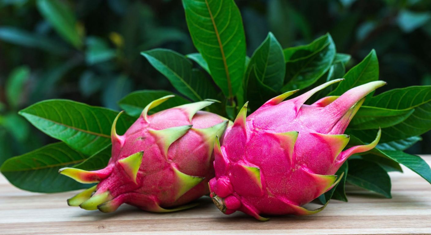 A vibrant pink guava and a spiky pink dragon fruit resting on a wooden table, surrounded by lush green leaves, evoking freshness and health.
