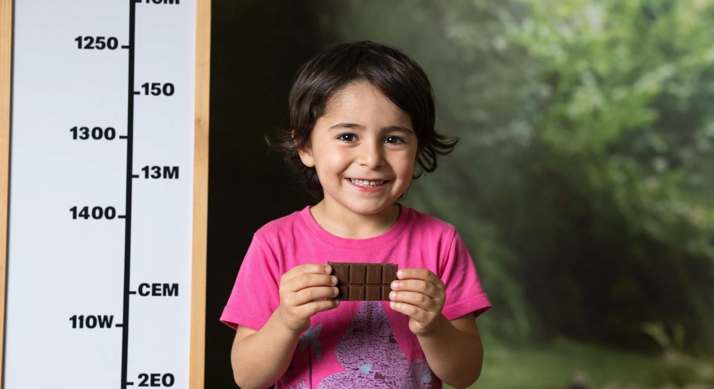 A smiling Turkish child holding a piece of dark raw chocolate while standing next to a measuring chart showing growth.