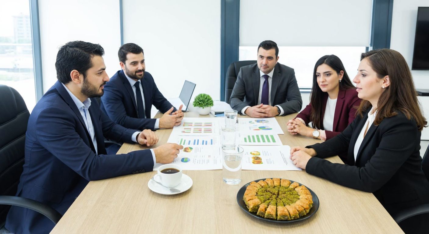 A group of Turkish professionals in a modern office discussing quality control charts with a plate of baklava on the table.