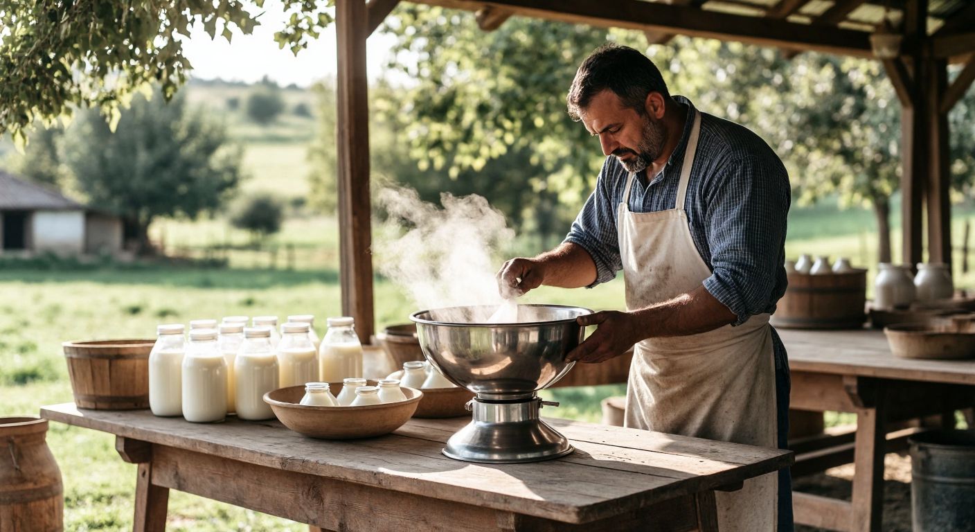 A sturdy stainless steel cream separator machine with a large silver bowl sits on a wooden table in a sunlit Turkish dairy farm, surrounded by fresh milk jugs and a farmer in traditional work clothes carefully adjusting the settings.