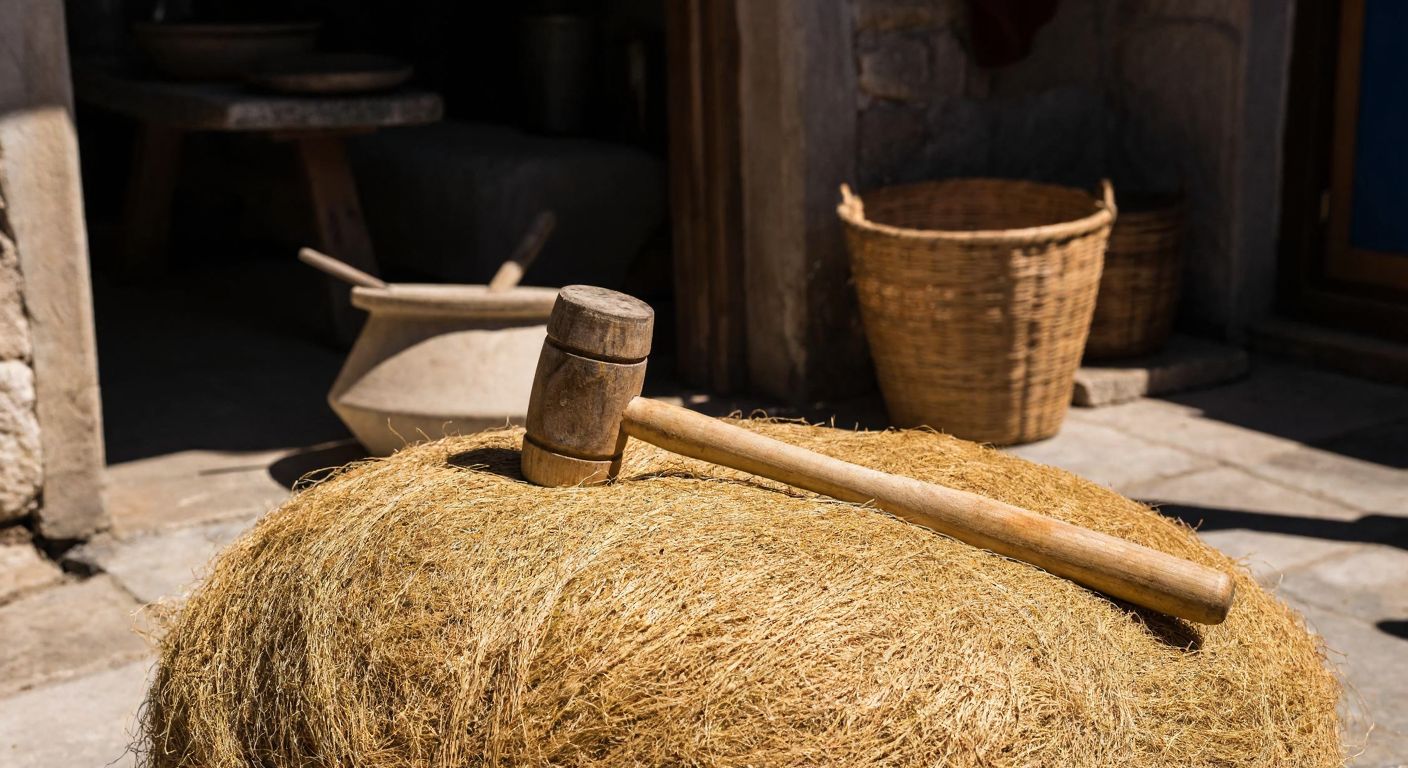 A rustic wooden mallet resting on a pile of golden flax fibers in a sunlit Turkish village courtyard, surrounded by traditional stone tools and woven baskets.