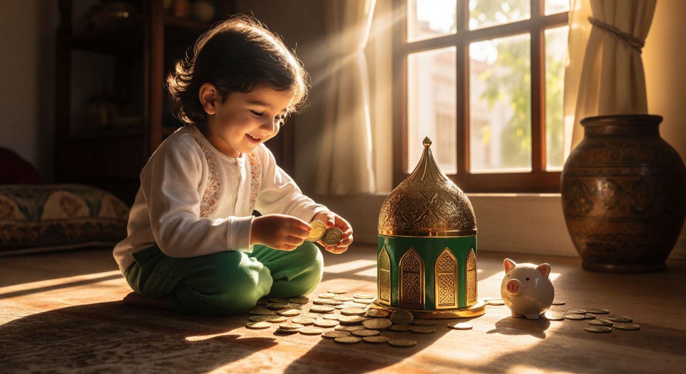 A smiling Turkish child in a cozy home setting drops a coin into a traditional ceramic piggy bank shaped like a mosque, while sunlight streams through the window onto a small pile of saved coins beside it.